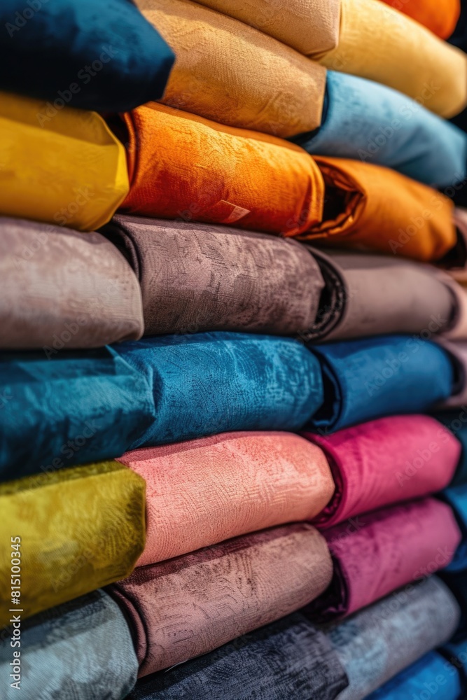 Poster colorful fabric neatly stacked on a shelf. perfect for textile or crafting projects