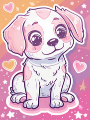 Adorable Kawaii puppy with pink spots, hearts and stars, on a pink background
