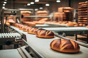 Busy bakery with conveyor belts of fresh bread and pastries, warm and efficient atmosphere