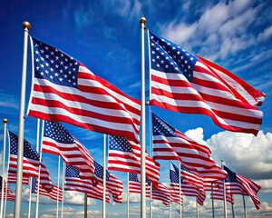 Close-up of American flags waving in the wind against a blue sky, symbolizing freedom and independence