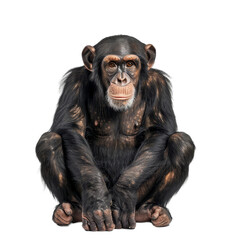 Naklejka premium A chimpanzee sitting in a relaxed pose against a plain white backdrop, a chimpanzee isolated on transparent background