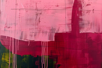 A pink and green oil abstract painting with a pink background