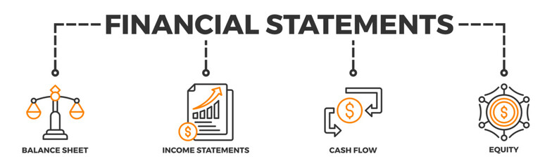 Financial statements banner web icon illustration concept with icon of graph, balance sheet, pie chart, income statements, money, calculator, income, earning, cash flow, equity, and balance