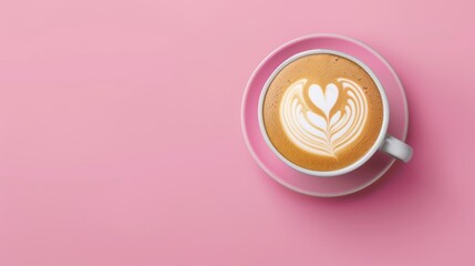 Latte art on cappuccino in a pink cup on a pink background.