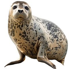 A seal is seated on a plain white surface, a common seal isolated on transparent background