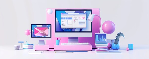Playful and colorful digital workspace setup with multiple devices and geometric shapes. 3D illustration for creative projects