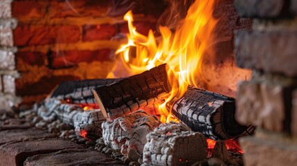 Fototapeta premium Close up of a Burning Fire in a Brick Fireplace