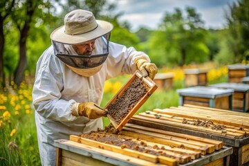 Beekeeper observing hive in field of yellow flowers under blue sky