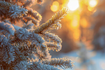 Frosty Pine Tree Branches at Golden Sunset in Winter Forest Landscape