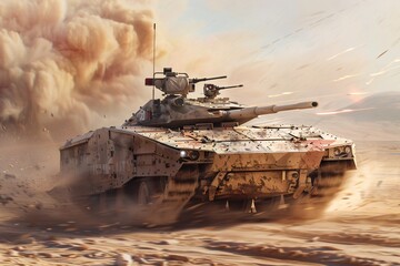 A tank in the desert is expelling sand from its exhaust