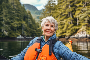 Fototapeta premium A mature woman enjoys the experience of rafting