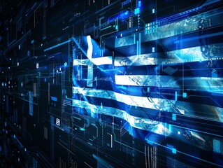Futuristic 3D flag of Greece, blending ancient mythology with digital tech elements in a modern setting