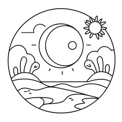 Simple vector illustration of Sunset drawing for kids page