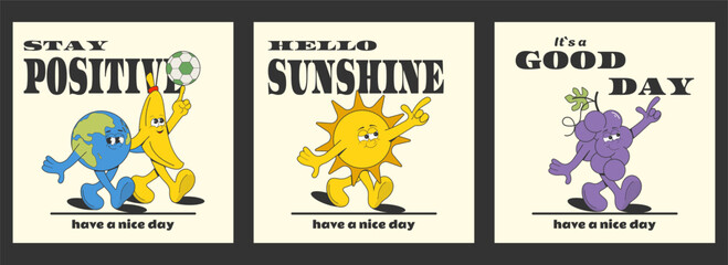 A set of square groovy posters with funny cartoon characters and quotes.Elements for a summer design with a cute planet, fruits, and the sun.Retro style.Vector illustration.