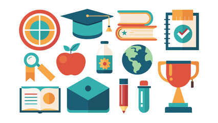 Education and Learning Icons Set: School Supplies, Knowledge, and Achievement Symbols in Flat Design