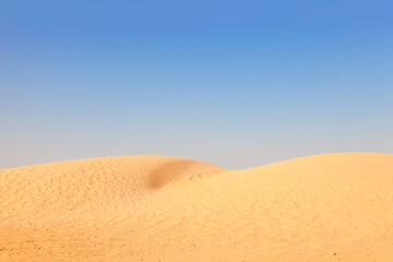 Desert scene featuring a vast expanse of sand dunes under a clear blue sky