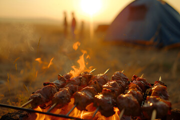 Skewers of meat are grilled on a barbecue at a camping picnic
