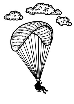 recommend clip art: Paragliding sketch engraving PNG illustration. T-shirt apparel print design. Scratch board imitation. Black and white hand drawn image.