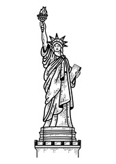Statue of Liberty in New York sketch engraving PNG illustration. T-shirt apparel print design. Scratch board imitation. Black and white hand drawn image. © Oleksandr Pokusai