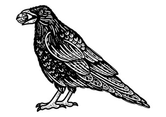 crow with a nut in its beak sketch engraving PNG illustration. T-shirt apparel print design. Scratch board imitation. Black and white hand drawn image.
