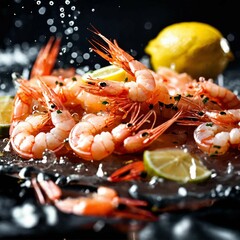 A pile of prawns, splashing water,  lemon  and slices on the side, on the black background