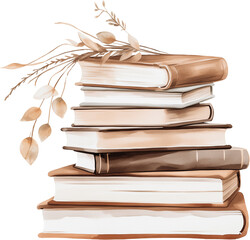 Stack of old books and autumn branch. Generative AI.