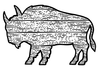 wooden buffalo bison animal silhouette sketch engraving PNG illustration. T-shirt apparel print design. Scratch board imitation. Black and white hand drawn image.