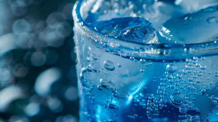 Blue cocktail close up with ice cubes and water drops