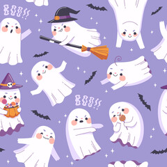 Cute ghost characters on seamless pattern for halloween. Print design with cartoon baby ghosts, bats and stars on purple background. Spooky season vector decoration