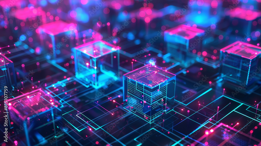 Poster a computer generated image of a cityscape with many small cubes
