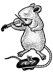 mouse plays the violin sketch engraving PNG illustration. T-shirt apparel print design. Scratch board imitation. Black and white hand drawn image.
