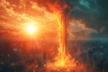 Global Warming Crisis A Bursting Thermometer and Suffering City Skyline Symbolize the Urgent Threat