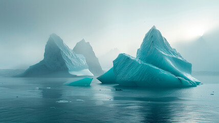 Blue icebergs floating serenely in a frigid arctic sea, their jagged peaks shimmering in the soft light of the polar twilight.