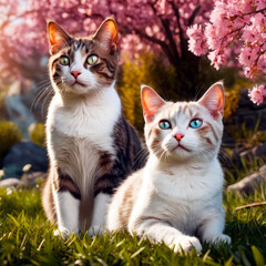 Two friends of a cat in nature on the background of a cherry blossom