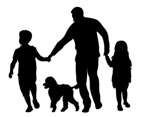 Family silhouettes. Father walking with son, daughter and dog. Vector illustration
