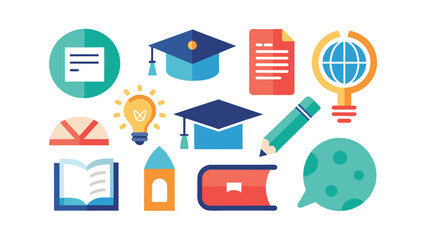 Flat design education and learning vector icons set. Academic symbols for knowledge, school, and university concepts.