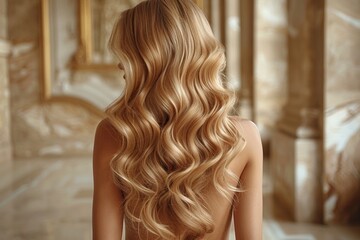 Fototapeta premium A beautiful model with long, wavy blond hair epitomizes haircare glamour in a stunning portrait.