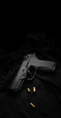 Modern semi-automatic pistol on a dark back. Armament for the army and police. Short-barreled...