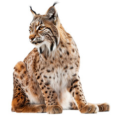 A Eurasian lynx is seated in front of a plain white backdrop, a eurasian lynx isolated on transparent background