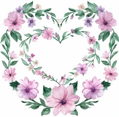 Fototapeta premium Geometric frame in the shape of a heart with pastel pink and purple flowers 