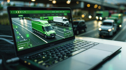 A laptop displays a green logistics application with detailed vehicle tracking on its screen, set against an urban evening traffic backdrop.