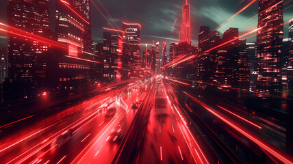 Fototapeta na wymiar Red light streaks illuminating a virtual cityscape, showcasing the dynamic energy of AI-driven urban environments.
