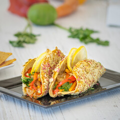 Healthy food together with friends. Fit recipes. Vegan dishes. Corn tortillas. Tasty