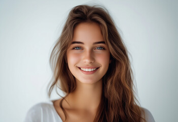 Fototapeta premium Portrait of beautiful young woman smiling and looking at camera on white background 