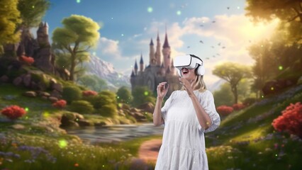Excited woman turning around looking through VR in wonderland metavers fairytale forest meta...