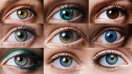 set, collage, different types of color contact lenses. shades of green, brown, blue, gray eyes.