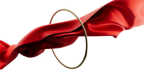 Flying red silk textile fabric. Golden ring around the fabric. Smooth elegant blue Satin Isolated...