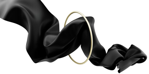 Flying black silk textile fabric flag with golden ring. Smooth elegant dark Satin Isolated on...