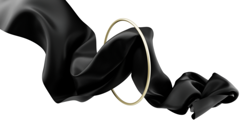 Flying black silk textile fabric flag with golden ring. Smooth elegant dark Satin Isolated on transparent Background for grand opening ceremony. Black curtain. 