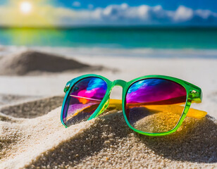 Green Frame Sunglasses on Sandy Beach